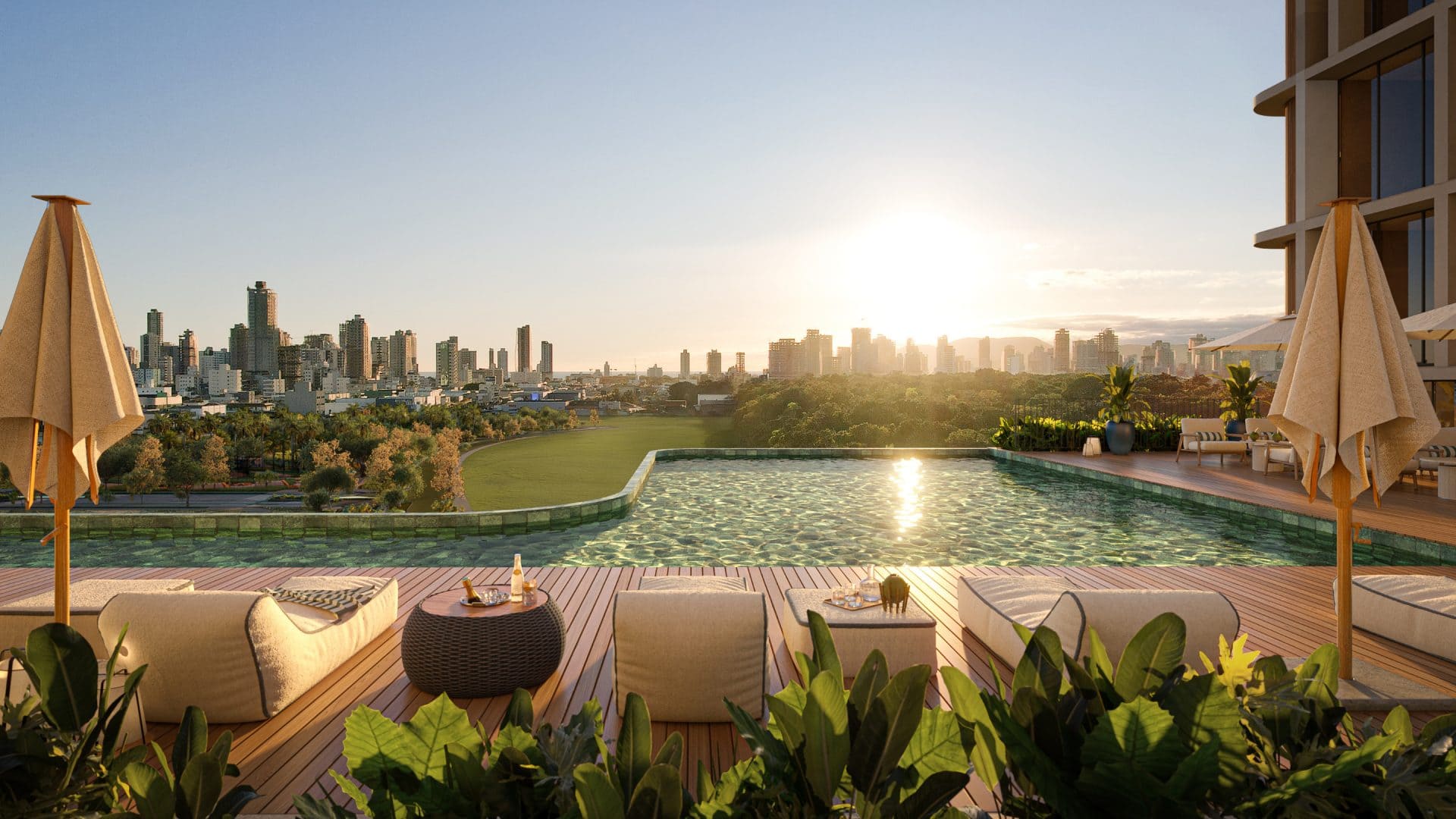 Piscina infinity no rooftop do Verenna ao pôr do sol