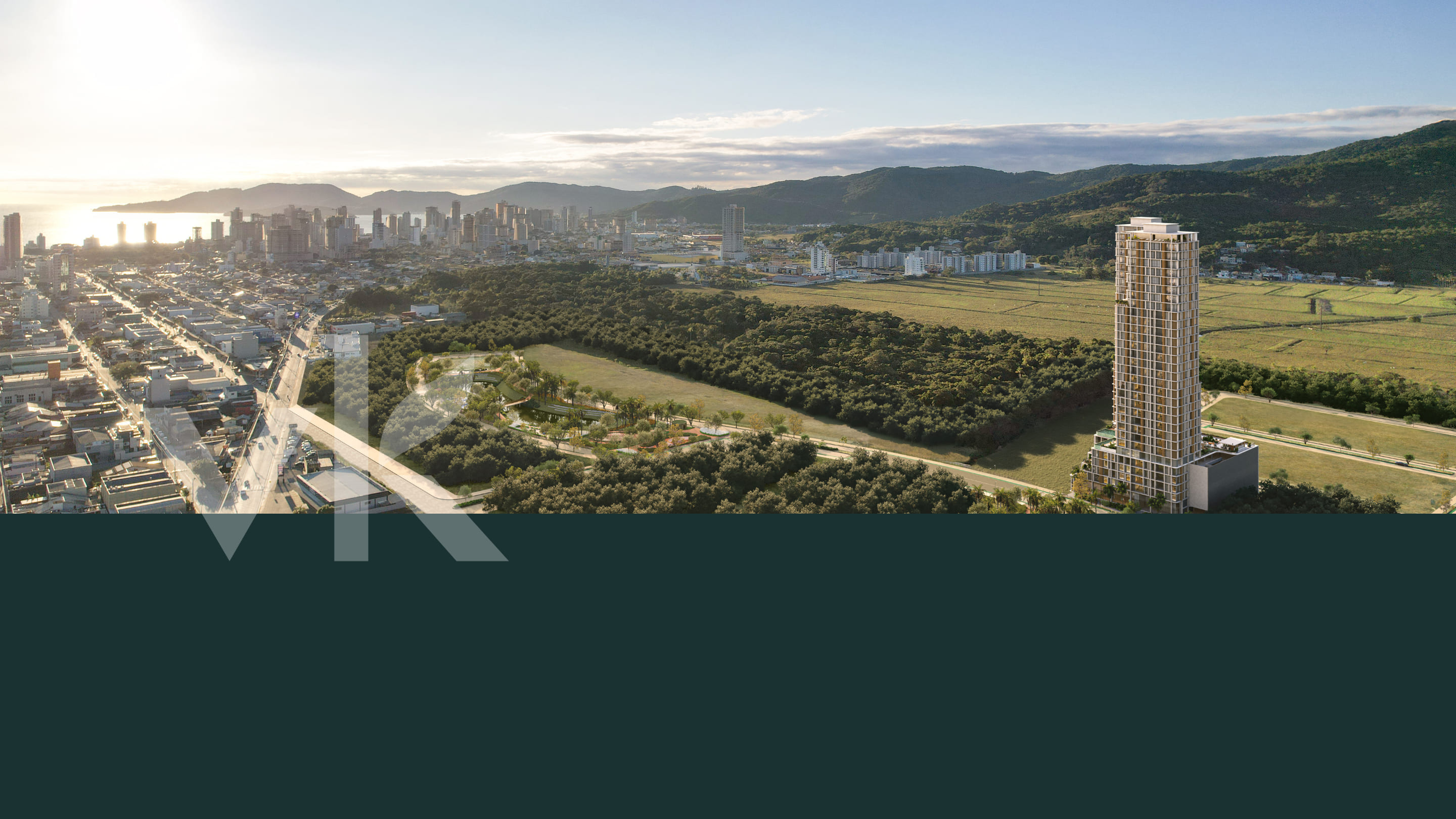 Vista aérea do empreendimento integrado ao parque e à cidade